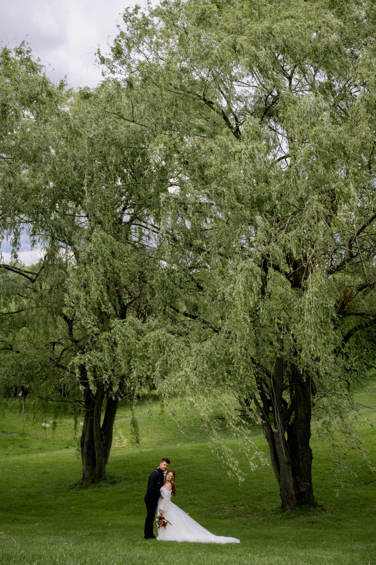 A couple in wedding attire standing beneath tall willow trees